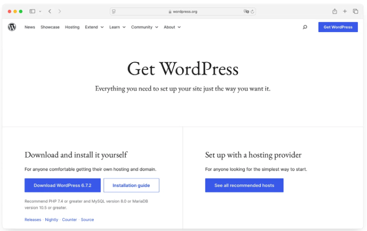 WordPress Installation download page