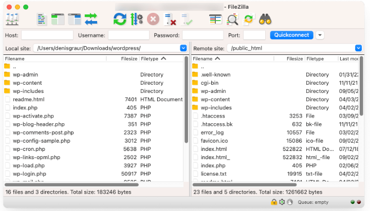 FileZilla WordPress installation upload