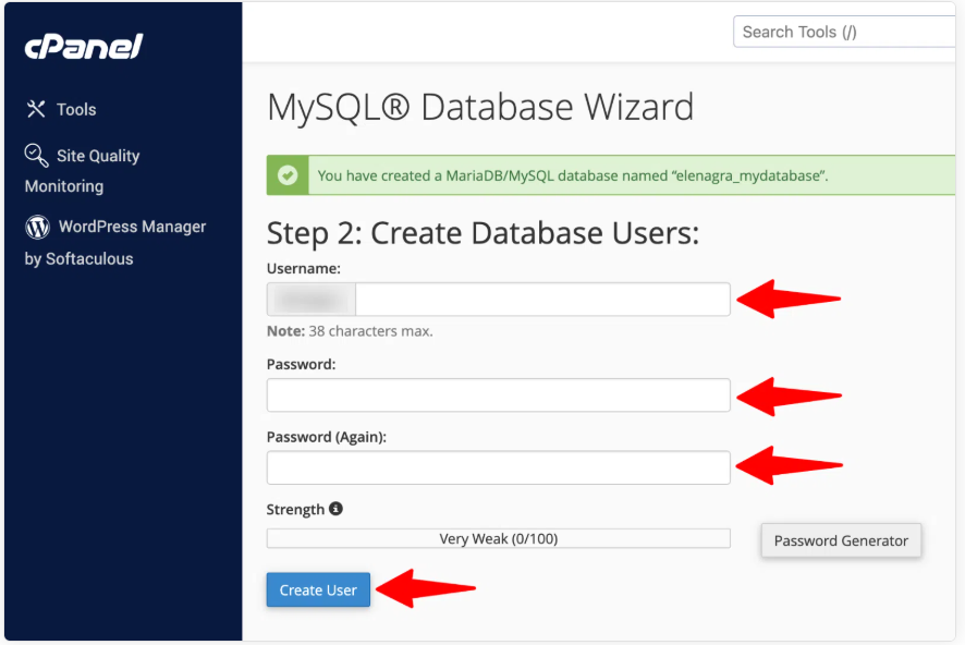 Create a database user by entering a username and password, then click Create User