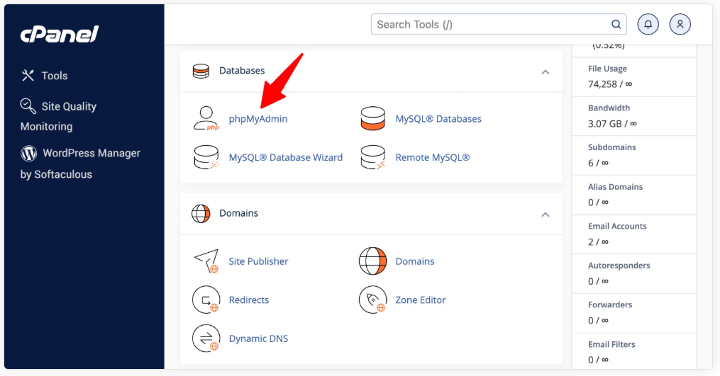 cpanel phpmyadmin