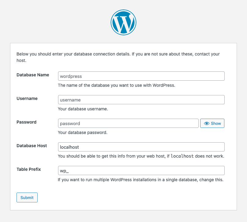 WordPress installation database detail 