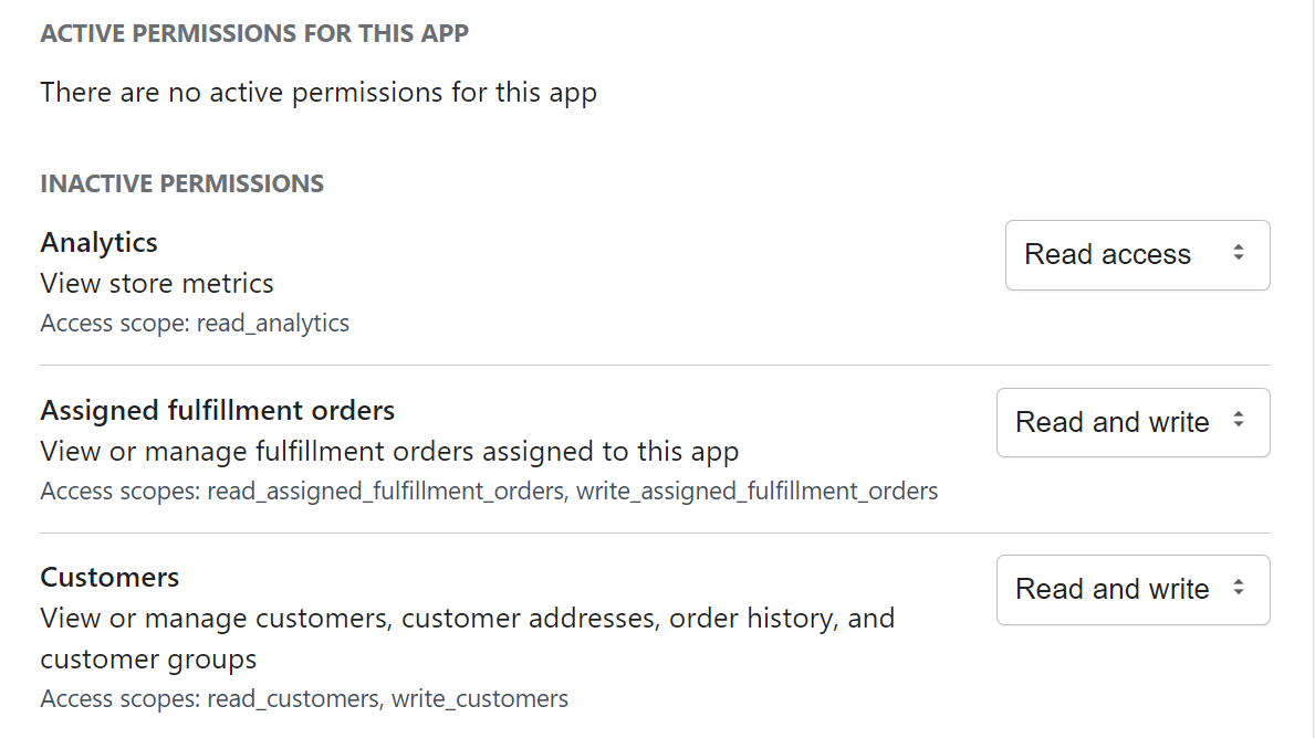Active Shopify app permissions