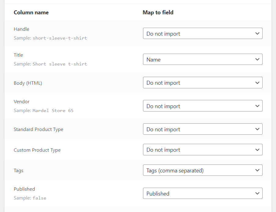 Map Shopify data to WooCommerce 
