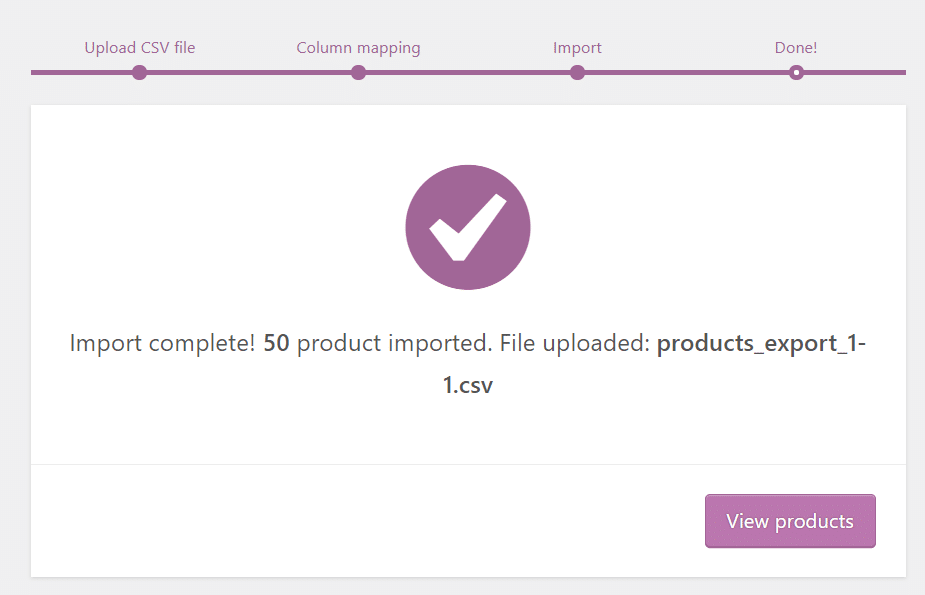 Successful WooCommerce import 