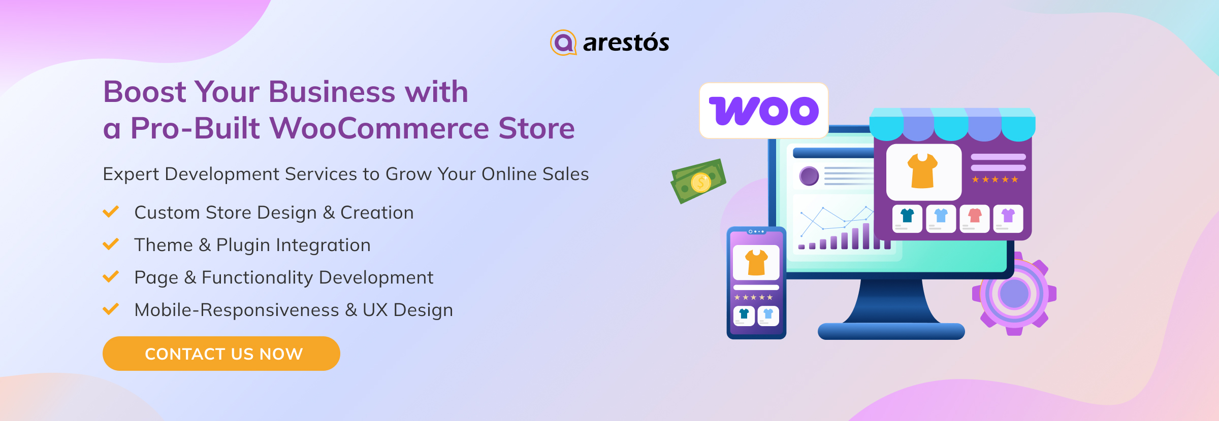 Illustration promoting WordPress E-Commerce development services with visuals of online stores, WooCommerce, and professional selling features.