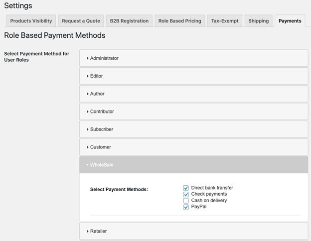 Setting role based payment mothods 