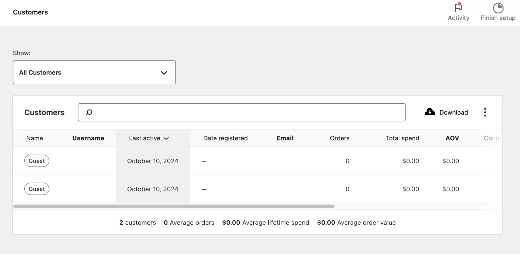 WooCommerce customers page 