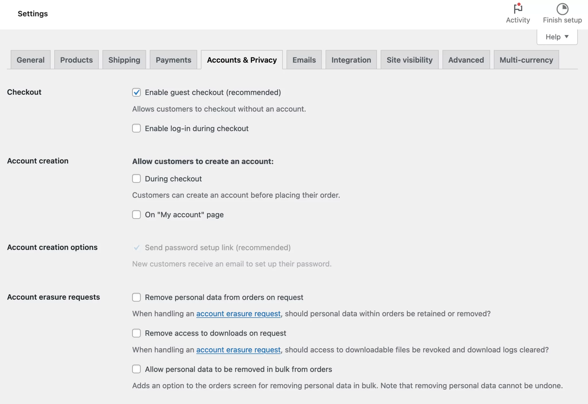 WooCommerce settings accounts tab 