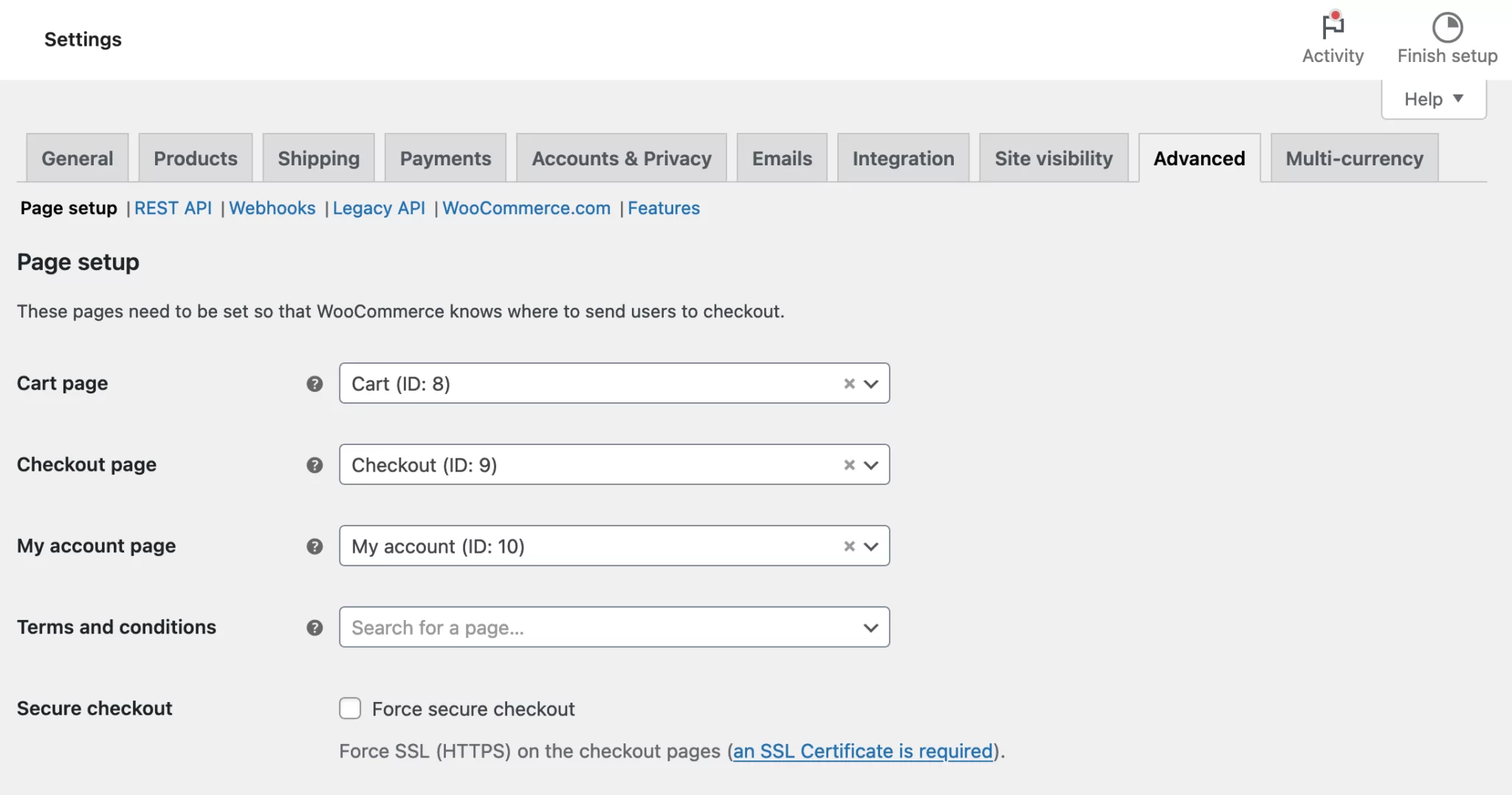 WooCommerce setitngs advanced tab 