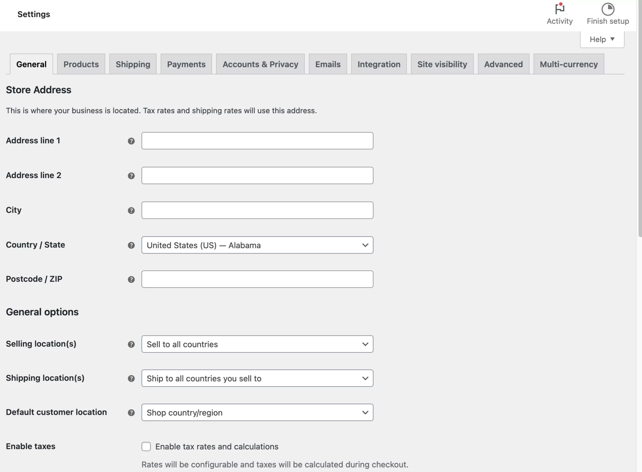 WooCommerce settings general tab 