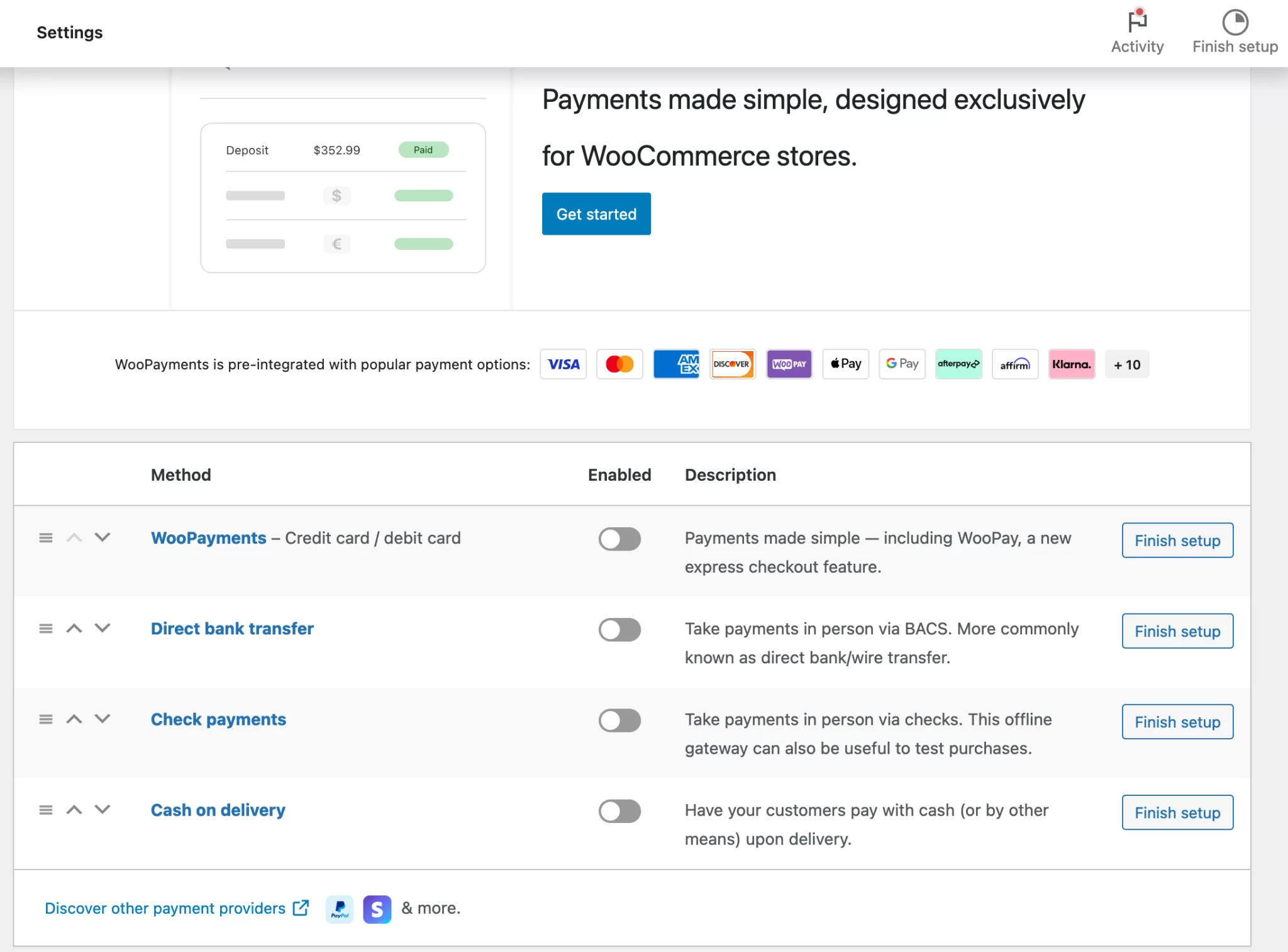 WooCommerce settings payment tab 