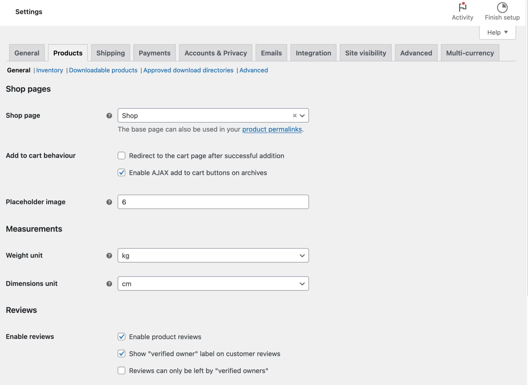 WooCommerce settings products tab 