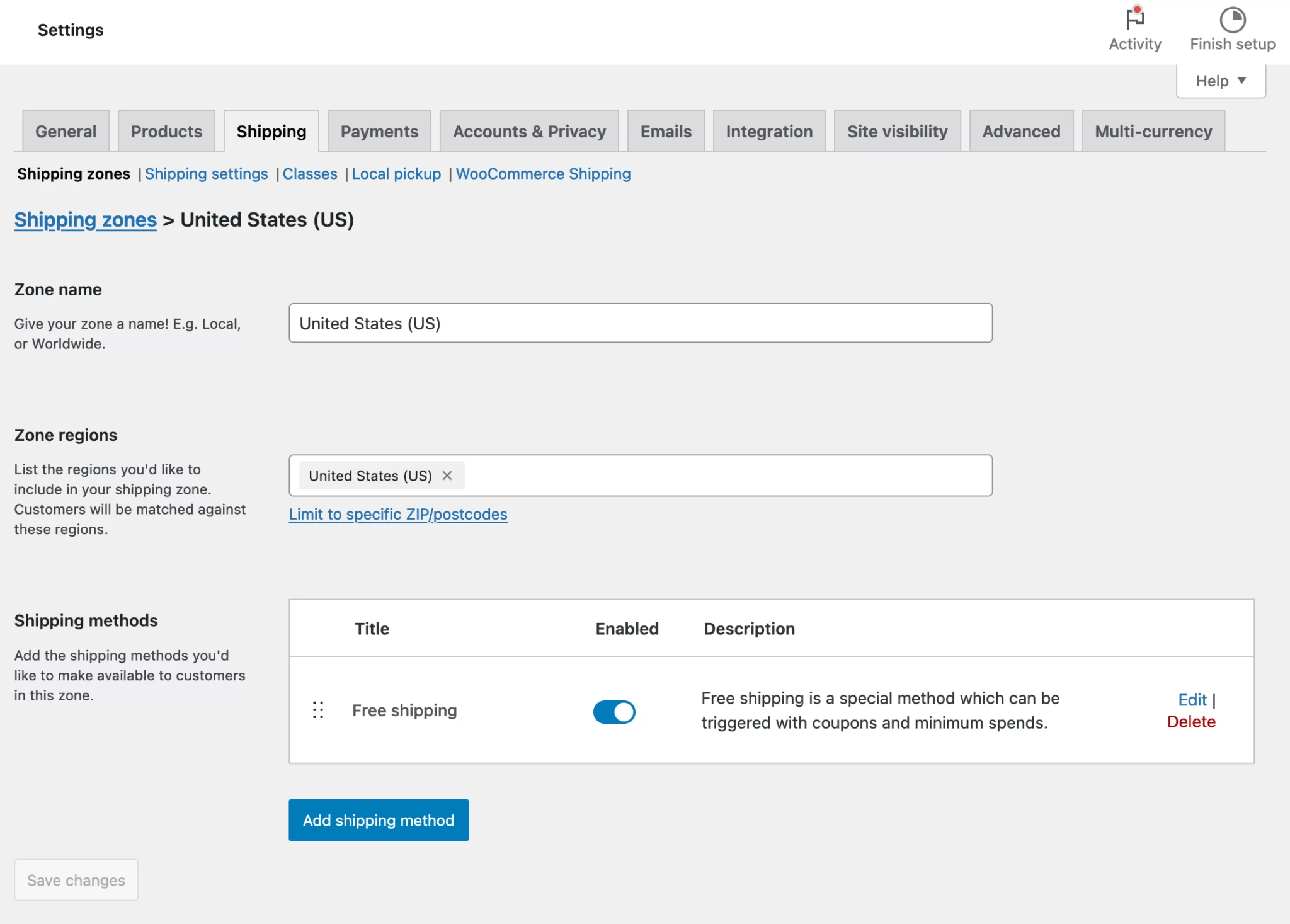 WooCommerce settings shipping tab 