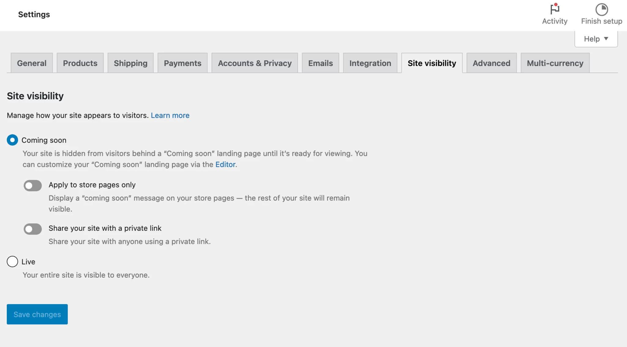 WooCommerce settings site visibility 