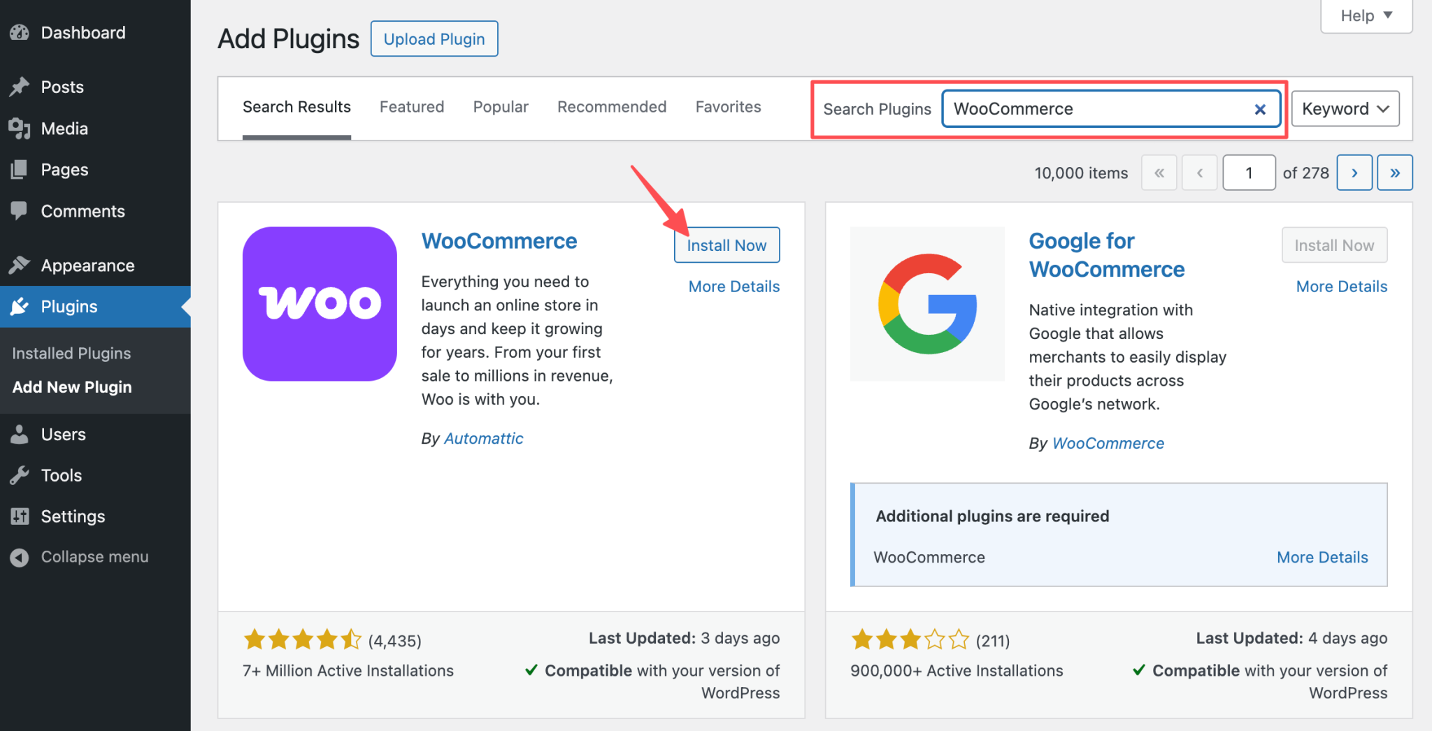 Installing WooCommerce from within WordPress 