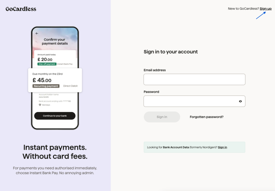 Sign up GoCardless 