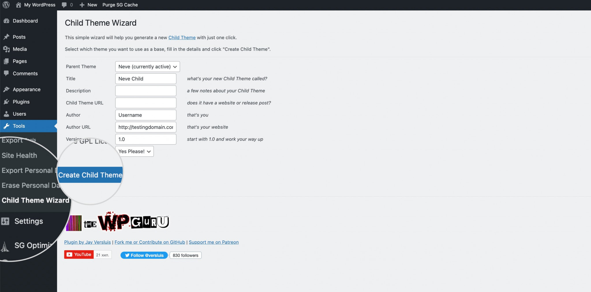 Child theme wizard settings WordPress 