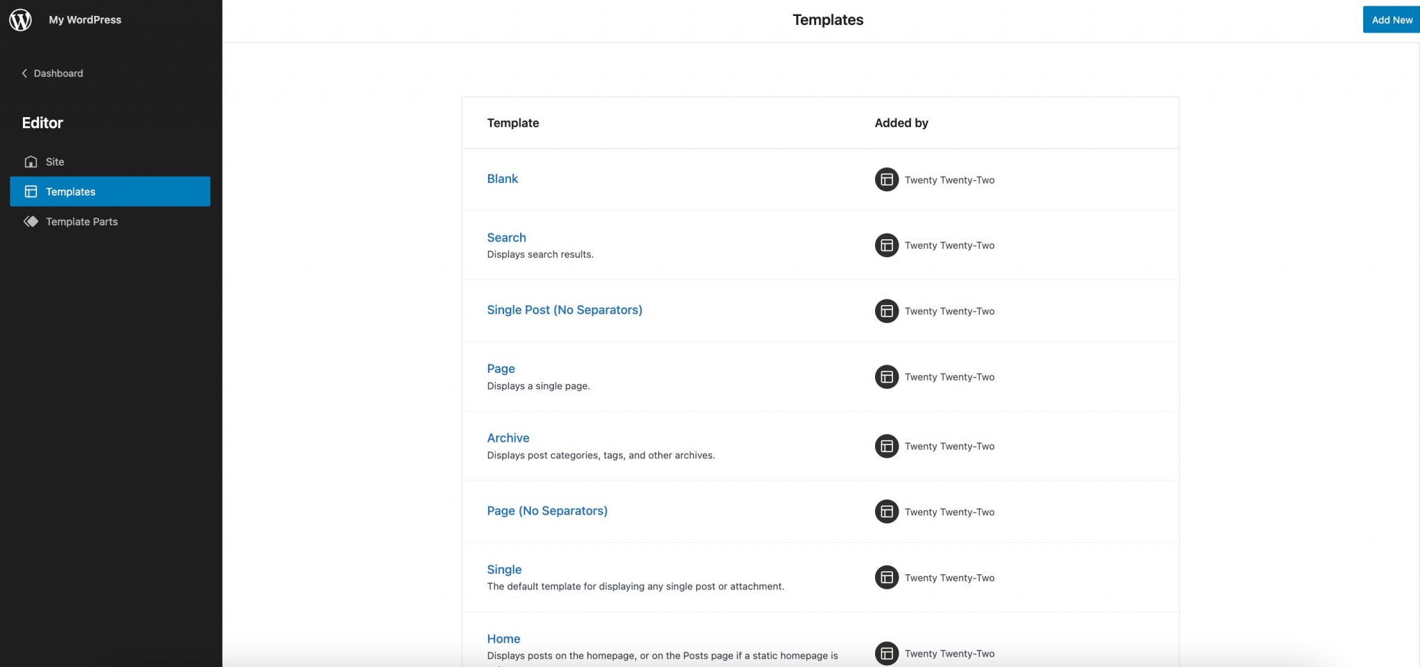 Templates editor interface 