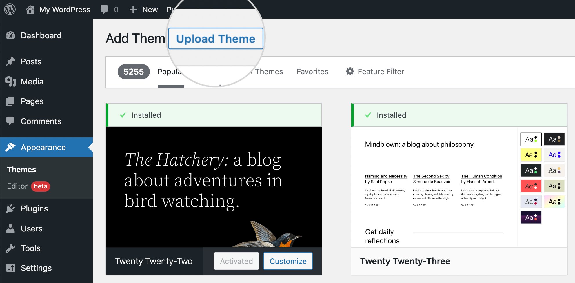 Upload theme button WordPress 