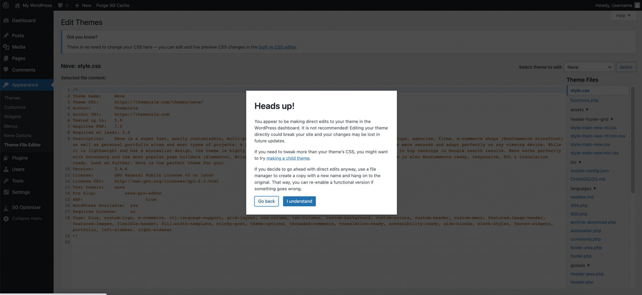 WordPress theme files editor warning 
