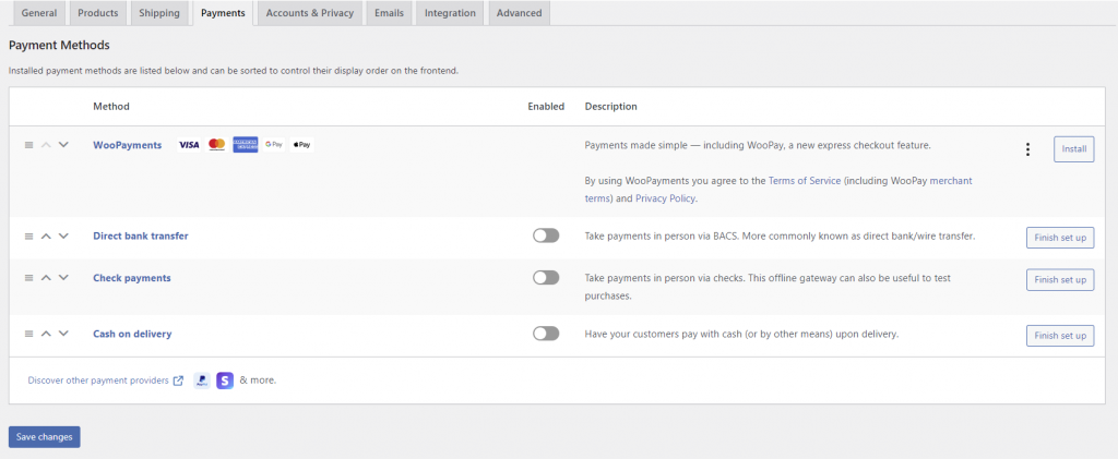 WordPress WooCommerce payment methods 