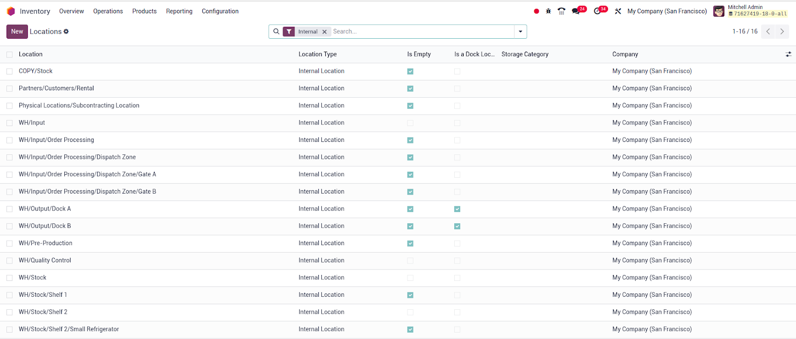 Odoo 18 inventory locations screen displaying various internal storage locations for warehouse management