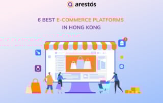 Illustration of 6 best e-commerce platforms in Hong Kong with online shopping visuals and people interacting with a digital storefront.