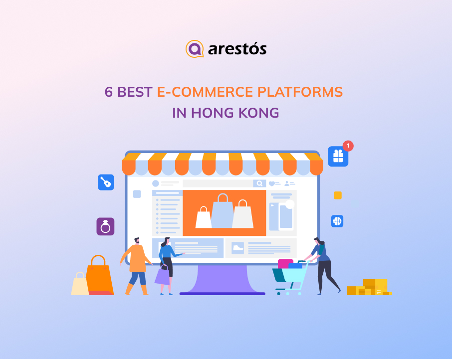 Illustration of 6 best e-commerce platforms in Hong Kong with online shopping visuals and people interacting with a digital storefront.