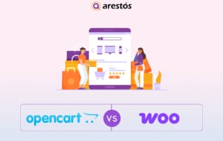 Visual comparison of WooCommerce vs OpenCart for online store platforms, featuring modern e-commerce shopping illustration