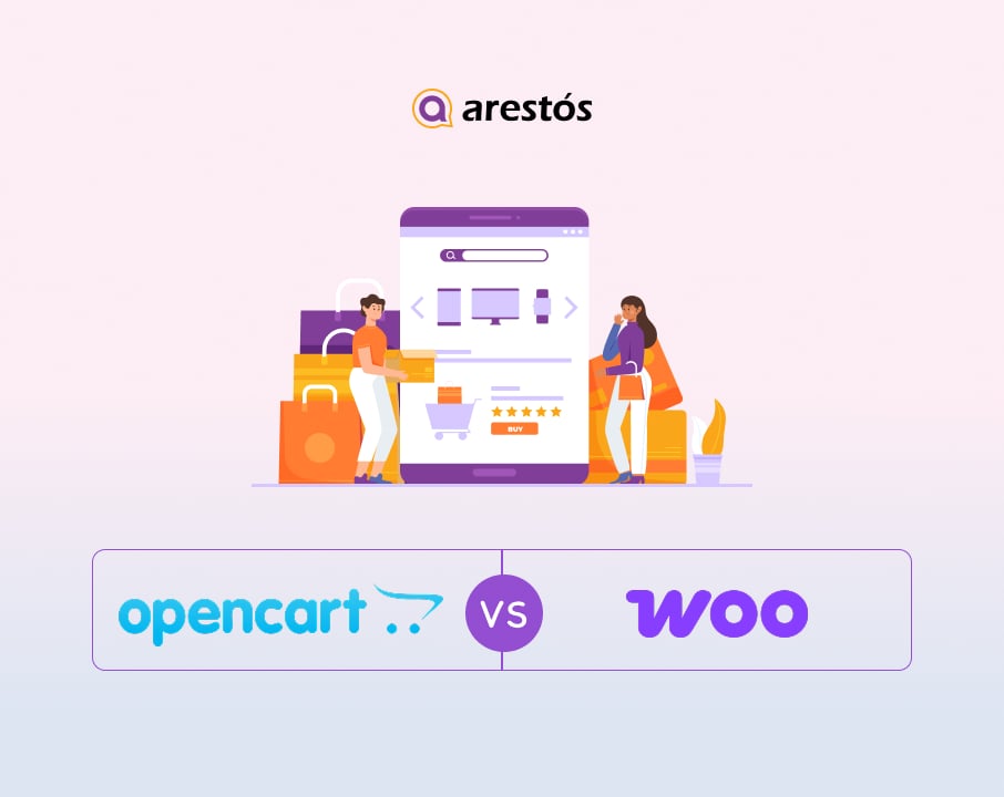 Visual comparison of WooCommerce vs OpenCart for online store platforms, featuring modern e-commerce shopping illustration