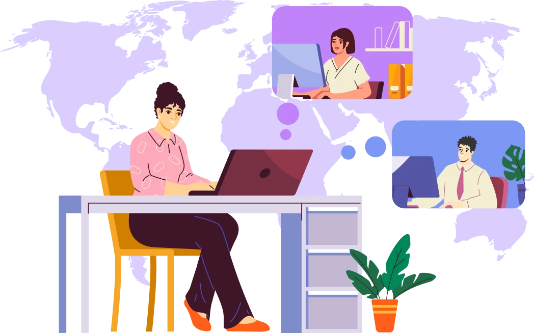 Developer working with an offshore team on video calls across a world map