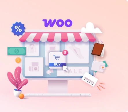 WooCommerce online store illustration with shopping cart, Buy button and sale tags