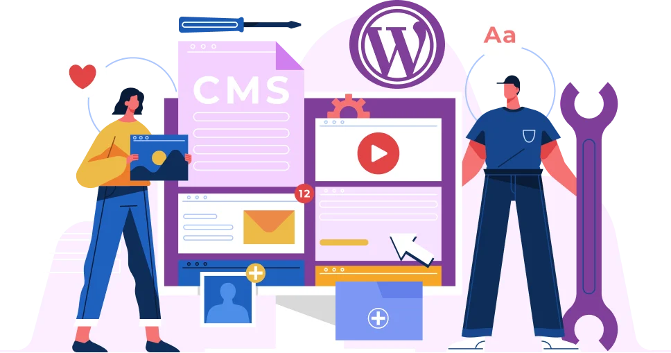 Two people building a WordPress website with CMS, page layout and tools illustrations